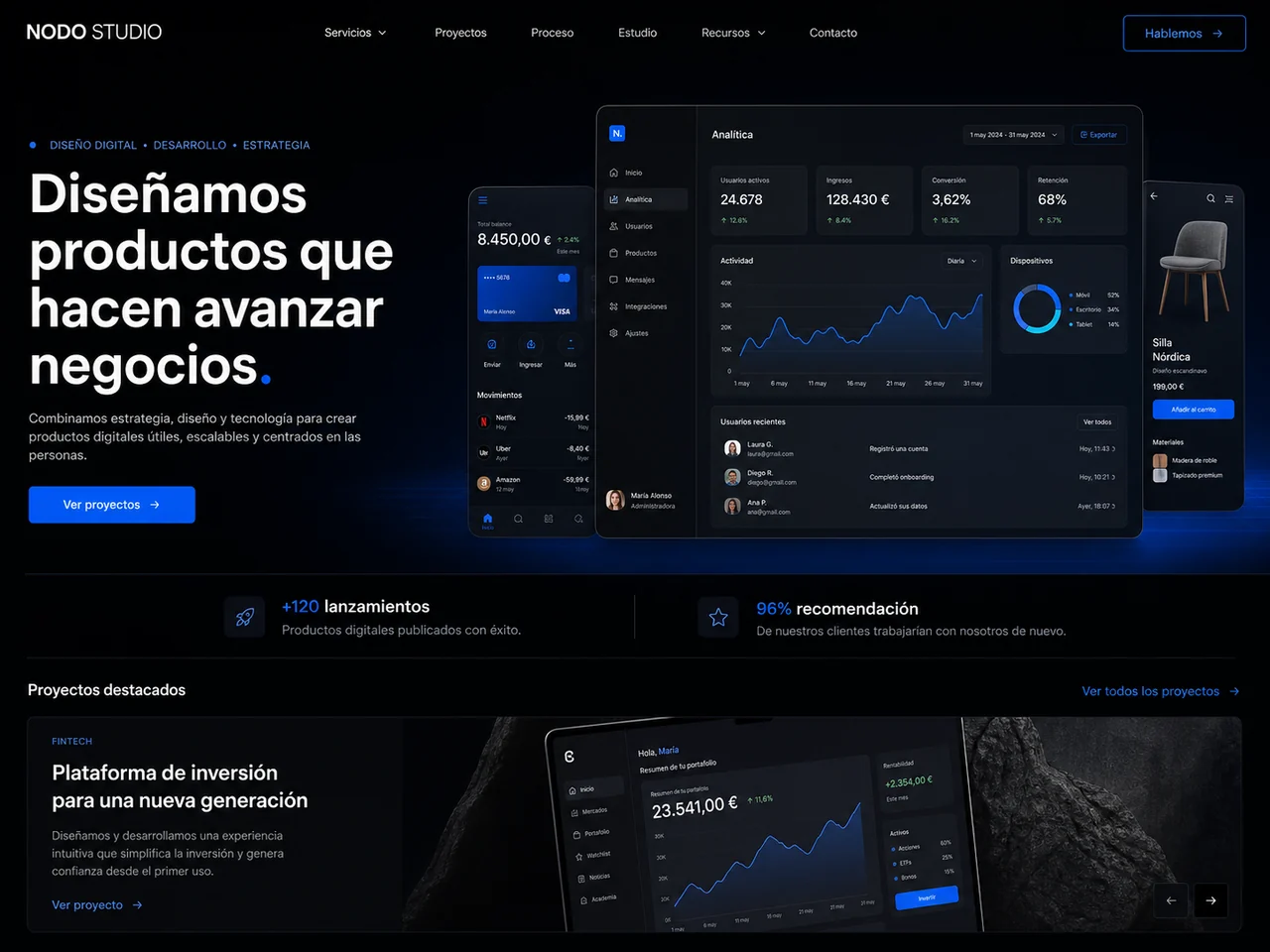 Fragmento de una web oscura de estudio digital con productos y métricas