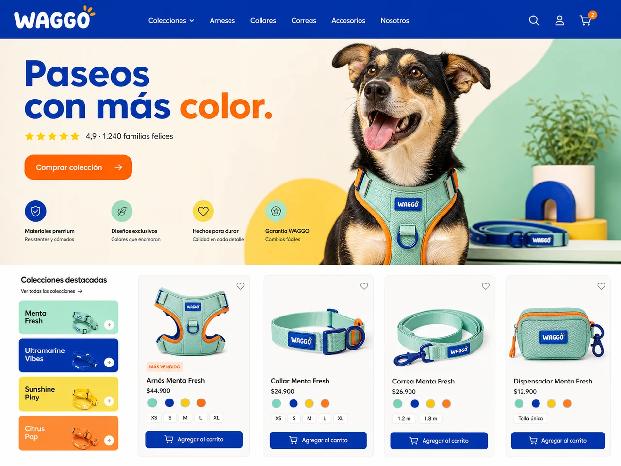 Fragmento de una tienda online colorida de accesorios para perros