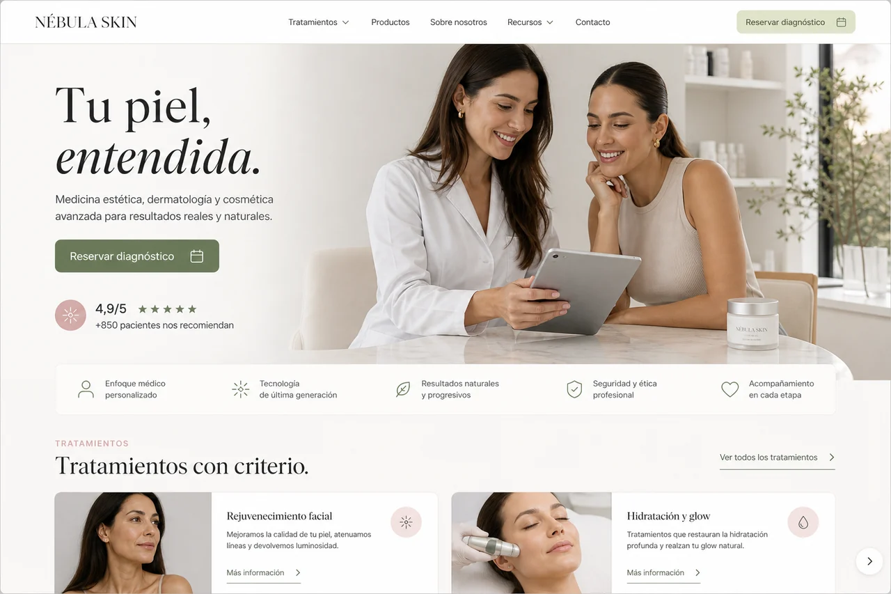 Fragmento de una web premium de clínica skincare con tratamientos y reservas