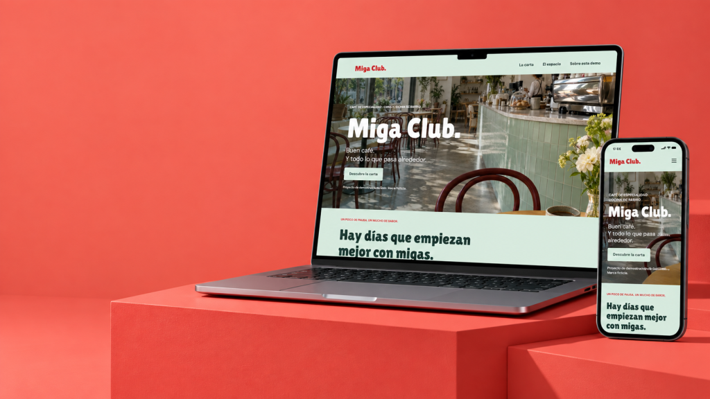 Presentacion visual de Miga Club en ordenador y movil; mockup generado para GaliSites