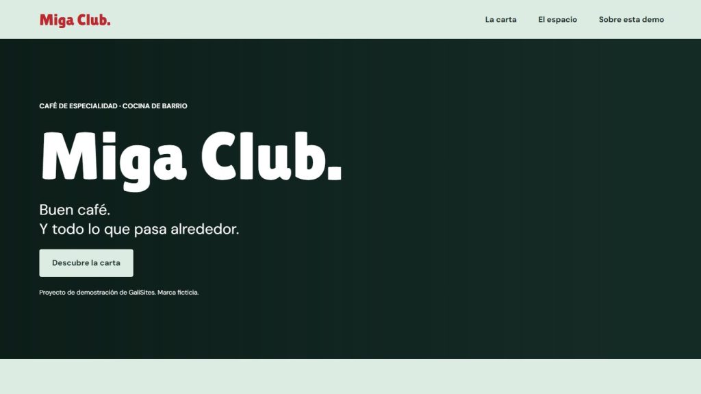 Captura real de la demo Miga Club, creada en Elementor por GaliSites
