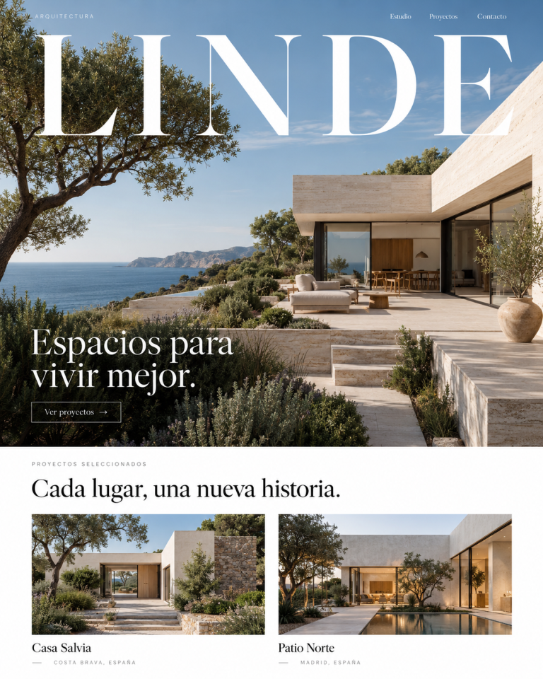 Concepto visual de una web de arquitectura: Linde, marca ficticia