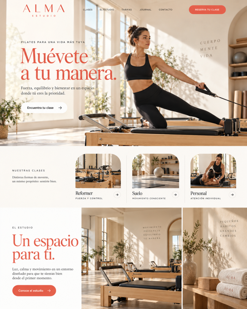 Alma Estudio: concepto visual de web de pilates, marca ficticia