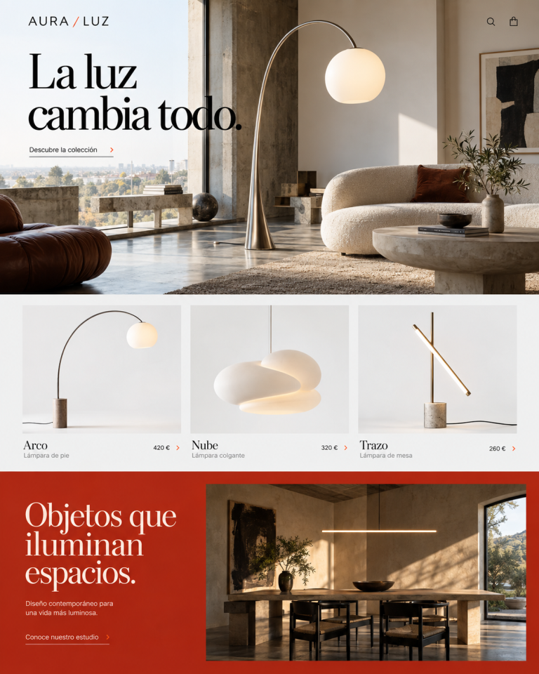 Aura Luz: concepto visual de tienda de iluminación, marca ficticia