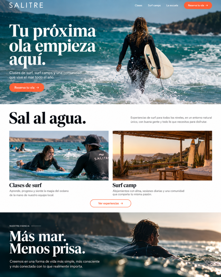 Salitre: concepto visual de escuela de surf, marca ficticia
